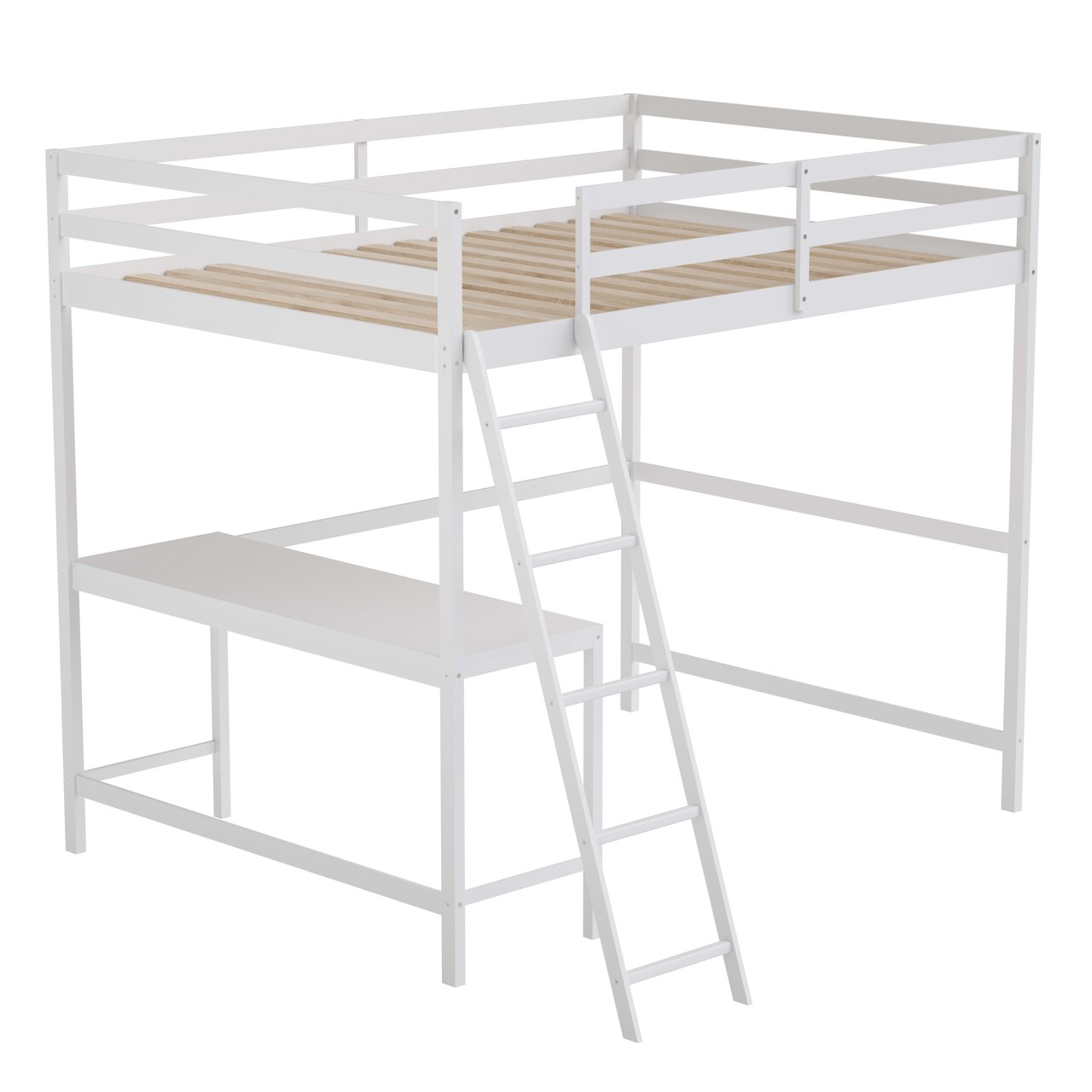 Emma and Oliver Ridley Twin Wood Loft Bed Frame with Protective Guardrails and Integrated Desk and Ladder for Use with Any 6-8" Thick Mattress